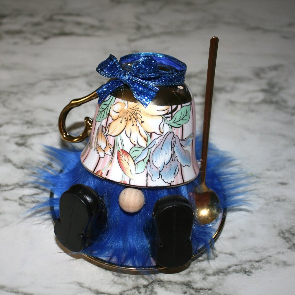 HAND CRAFTED Gnome Tea Cup and Saucer Set Floral Metallic Home Decor Blue